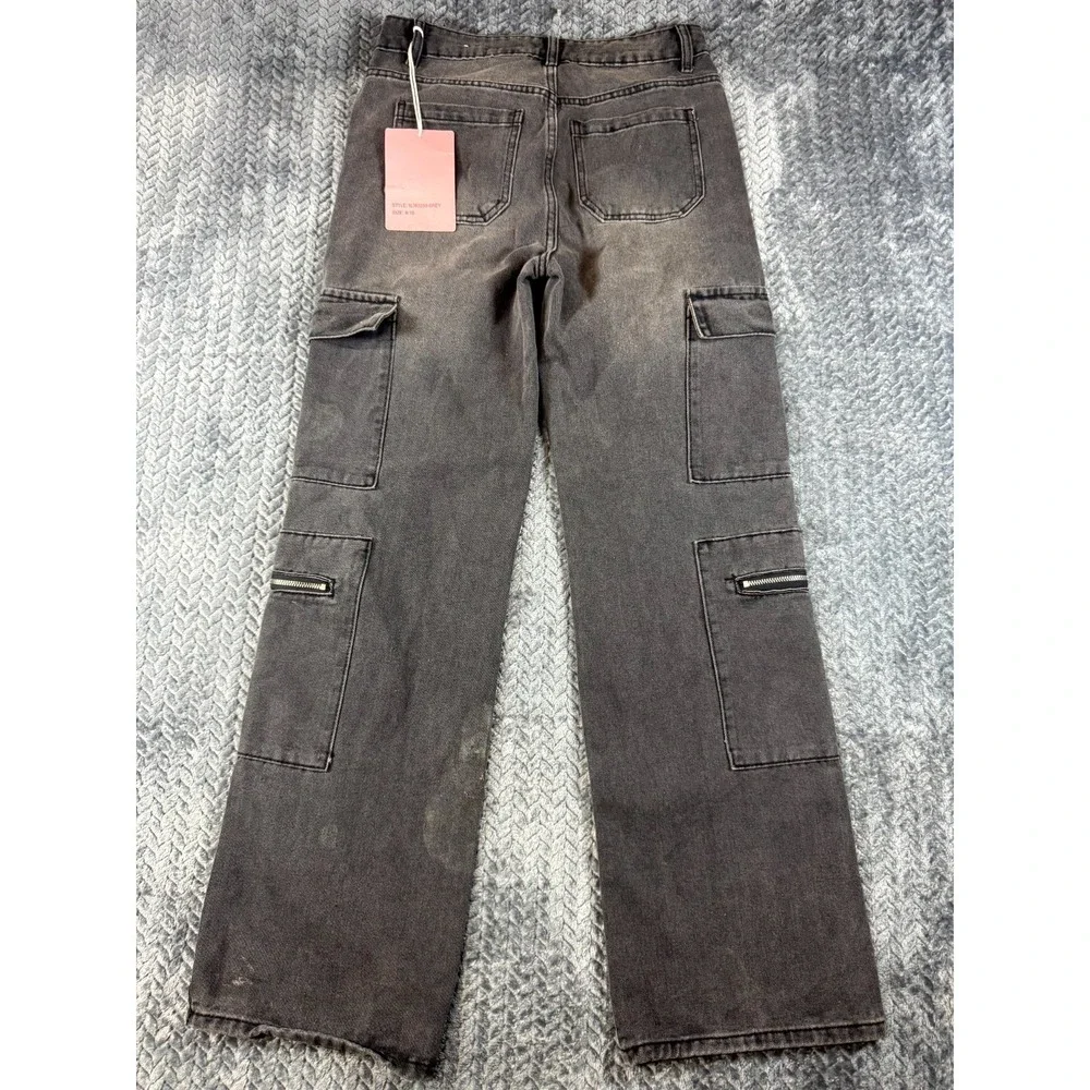 Lilac Sunset Wide Leg Jeans Womens 9/10 Gray Cotton High Rise Cargo Multi Pocket